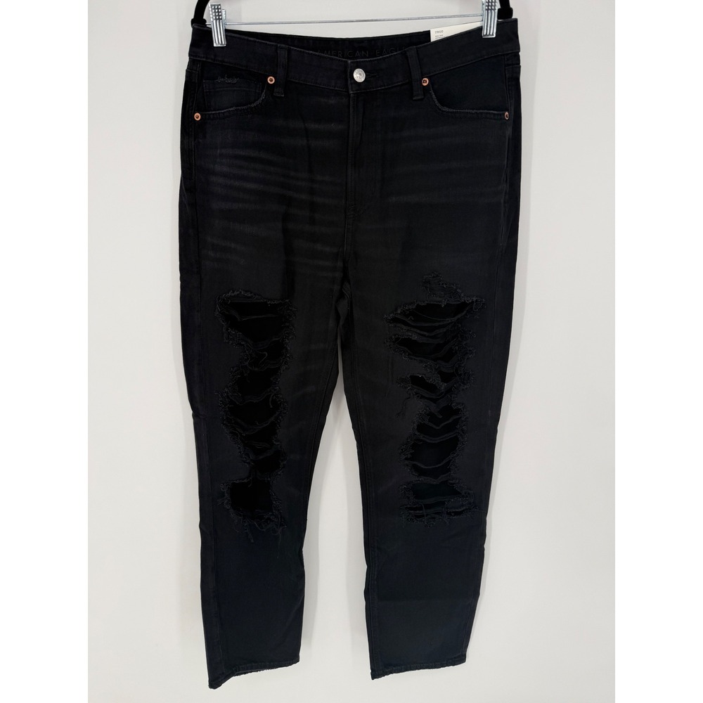AMERICAN EAGLE STRIGID MOM JEAN DESTROYED BLACK SIZE 14R NWT DISTRESSED DENIM